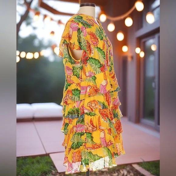 Farm Rio Anthropologie • Tiered Beaks & Bananas Dress • sz Large - Picture 5 of 10